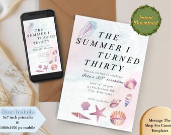 The Summer I Turned Pretty Invitation Template - Ocean Seashell Invite Beach Birthday Invite Editable Canva Template Beach Theme Birthday