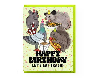 Tarjeta de cumpleaños con animales de la basura / Tarjeta de cumpleaños divertida / Tarjeta de cumpleaños con bocadillos / Tarjeta de felicitación para amantes de la comida