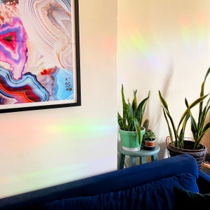 Puede incluir: Una impresi&oacute;n abstracta enmarcada de &aacute;gata colorida con un efecto de prisma de arco&iacute;ris en la pared. Dos plantas en macetas, una con hojas verdes y otra con hojas largas y delgadas, est&aacute;n en primer plano. Un sof&aacute; azul est&aacute; en la esquina inferior derecha de la imagen.