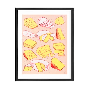 May include: A pink background with a variety of yellow and white cheeses drawn in red lines. The cheeses include cheddar, brie, and Swiss.