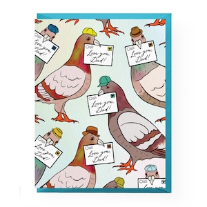 May include: A greeting card featuring a repeating pattern of pigeons wearing various colored hats. Each pigeon holds a white envelope in its beak with the text Love you, Dad! printed on it. The background is a light blue color.