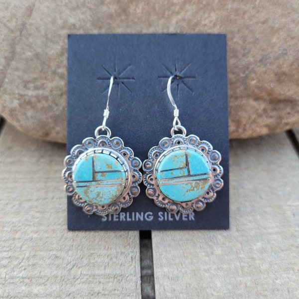 Navajo Number 8 Turquoise and Sterling Silver Inlay Dangle Earrings