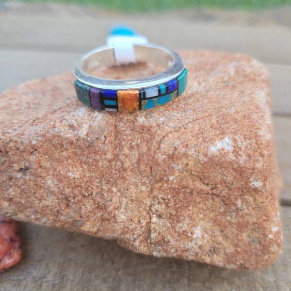 Native American Navajo Multi Stone and Sterling Silver Inlay Ring Size 12.5