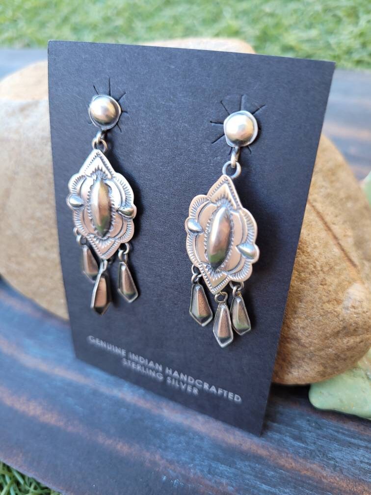 Navajo Sterling Silver Stacked Concho Dangle Earrings! 