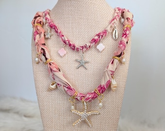 Seaside Boho Bandana Charm Necklace, Pretty in pink summer charm necklace