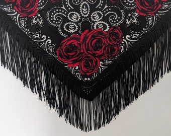 Black and Red Rose Fringe bandana accessory, the perfect Western bandana for girls trip, Nashville, Girls night out, Country Concert