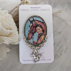 Large Cowgirl Hat Brooch with horse charm! Pin to your favorite western hat. Pin to shirt, jacket, purse or scarf! Hat Accessory