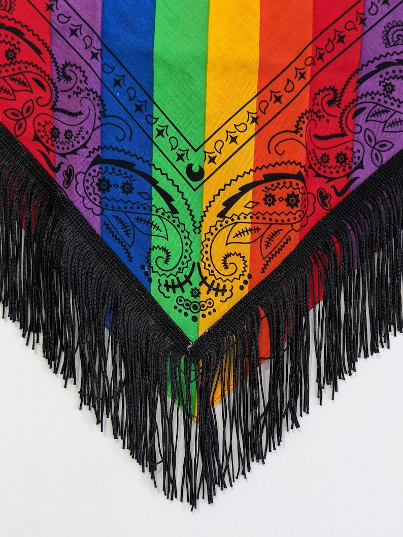 May include: A triangular bandana featuring vertical rainbow stripes in purple, blue, green, yellow, orange, and red. The fabric is decorated with a black paisley print pattern and is finished with long, black fringe trim along the bottom edges.
