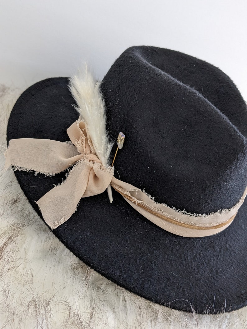 Custom Quartz Hat Band. Chiffon Ribbon, Suede Cord, Boho Feather and Quartz Pin. Add to your favorite Hat Hat Accessory/Hat Pin/Hat Tack image 6