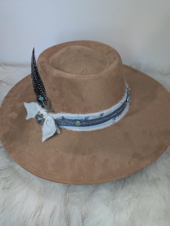 Brown Suede Hat with Denim Accents Drew- Handmade Custom Suede Hat - Etsy main image 2