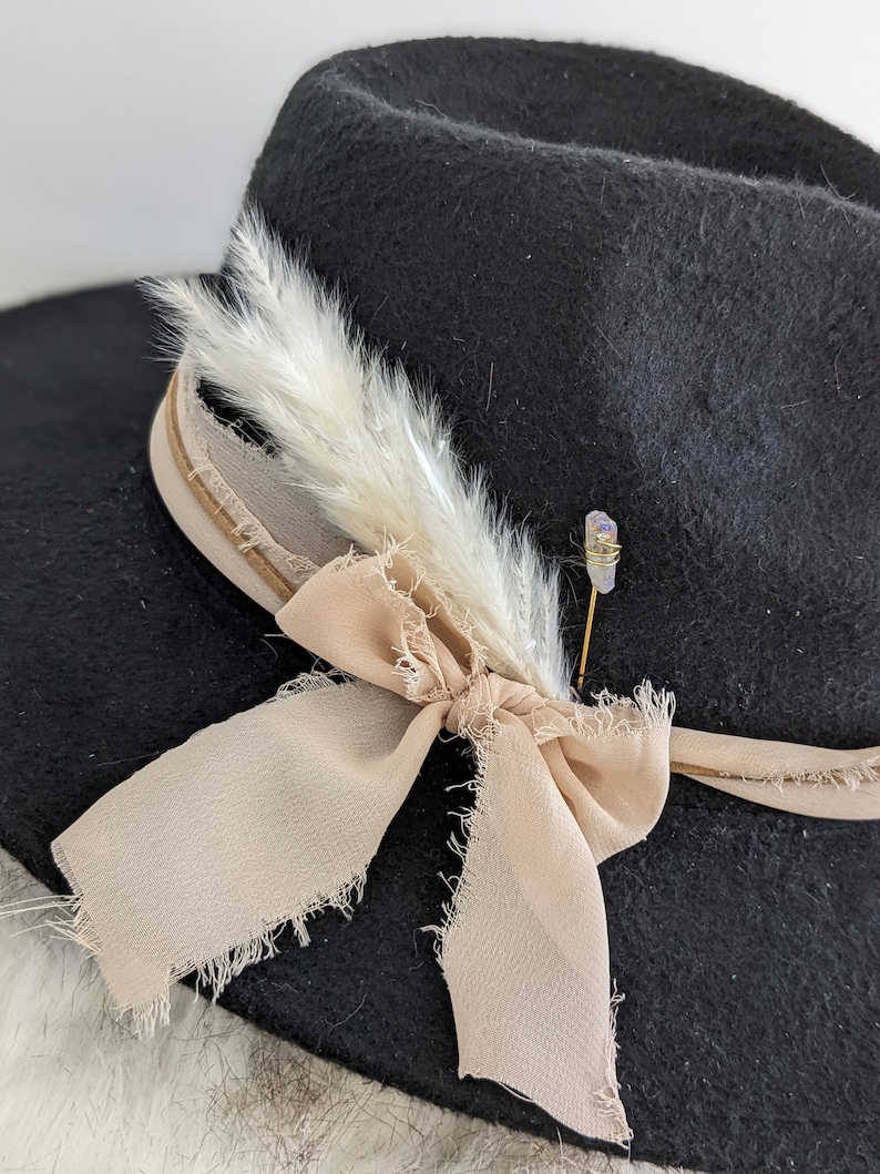 Custom Quartz Hat Band. Chiffon Ribbon, Suede Cord, Boho Feather and Quartz Pin. Add to your favorite Hat Hat Accessory/Hat Pin/Hat Tack image 3