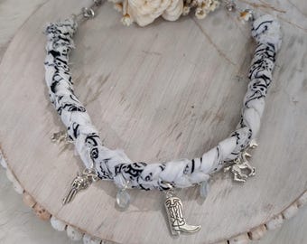 Prairie Moon Boho Bandana Charm Necklace, Western vibe charm necklace