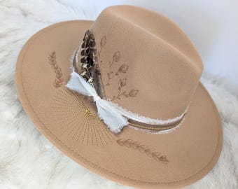 Custom Cowgirl Wide Brim Fedora Hat hand burned flower detail / Country Concert Hat