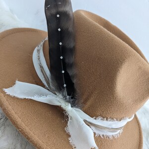 May include: A brown felt fedora hat with a white ribbon and a black feather with rhinestones.