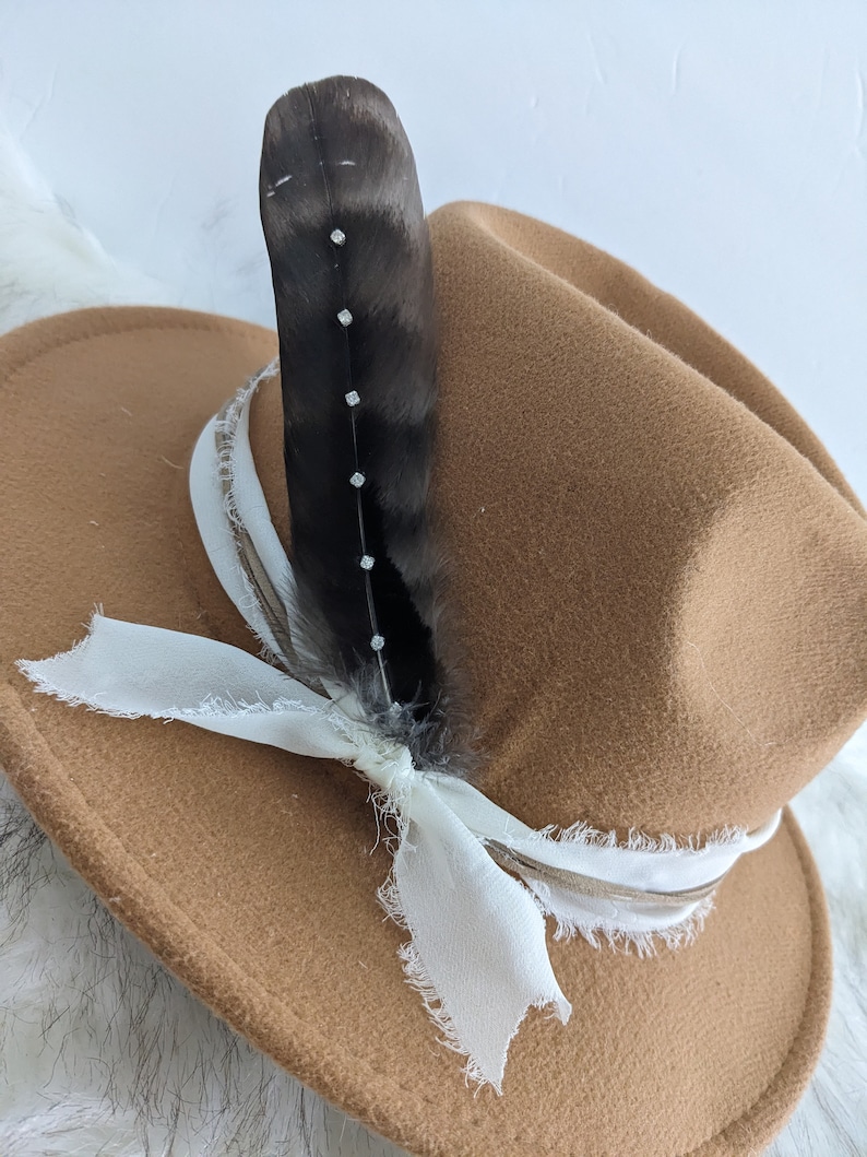 May include: A brown felt fedora hat with a white ribbon and a black feather with rhinestones.