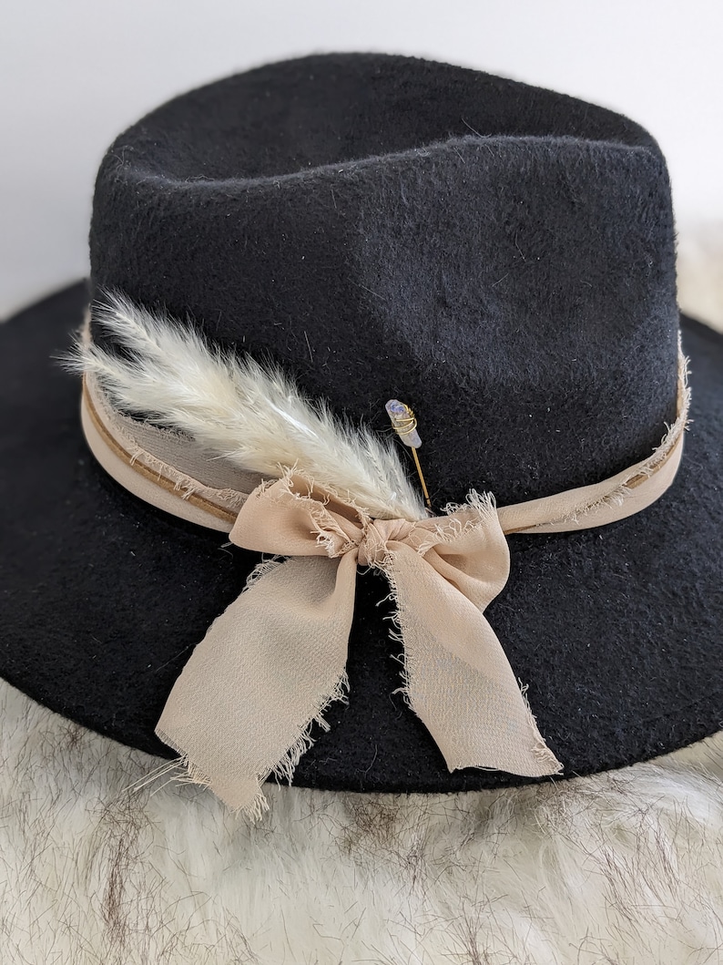 Custom Quartz Hat Band. Chiffon Ribbon, Suede Cord, Boho Feather and Quartz Pin. Add to your favorite Hat Hat Accessory/Hat Pin/Hat Tack image 4