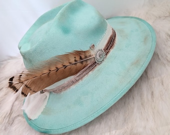 Turkos specialdesignad vegansk mocka rancherhatt / Specialdesignad cowboyhatt