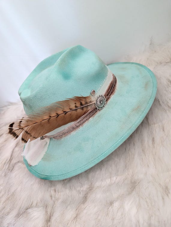 Handmade Wide Brim Fedora Hat Western Rancher Suede Burned Feather Wide Brim Fedora – Faux Suede Rancher Hat - Etsy main image 2