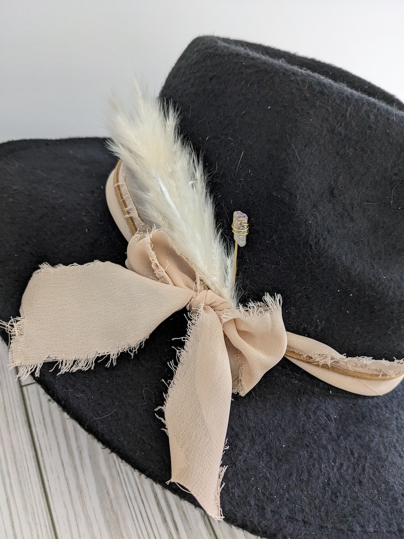 Custom Quartz Hat Band. Chiffon Ribbon, Suede Cord, Boho Feather and Quartz Pin. Add to your favorite Hat Hat Accessory/Hat Pin/Hat Tack image 9