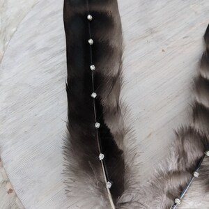 May include: Two black feathers with white tips, decorated with small, clear rhinestones. The feathers are arranged in a V-shape.