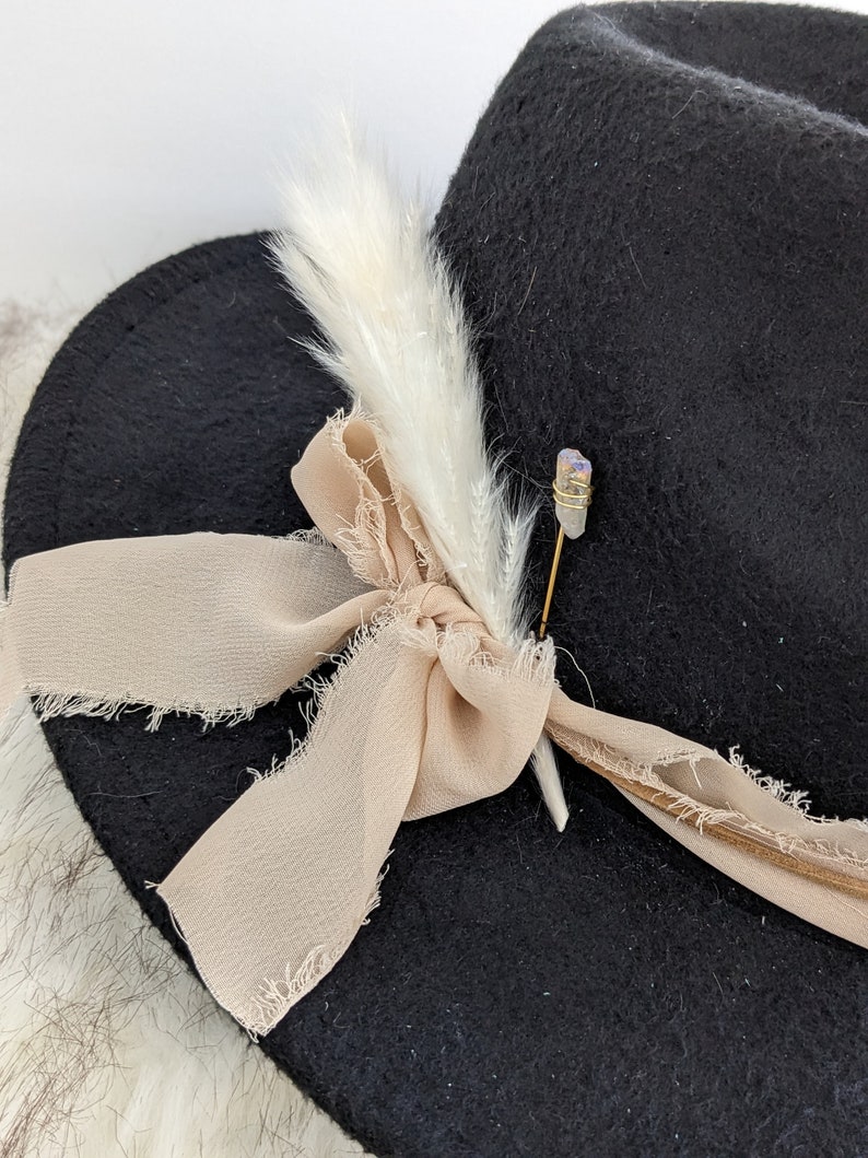 Custom Quartz Hat Band. Chiffon Ribbon, Suede Cord, Boho Feather and Quartz Pin. Add to your favorite Hat Hat Accessory/Hat Pin/Hat Tack image 5