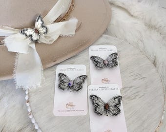 Butterfly Brooch Hat Pins in purple, pink or cowboy brown center stone ! Update your favorite western hat.  Butterfly Brooch