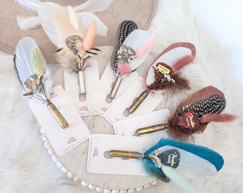 Upcycled casing Hat Pins with feathers dried flowers and guitar picks. Hat Accessory/ Western wedding Boutonniere / Groomsmen Pin