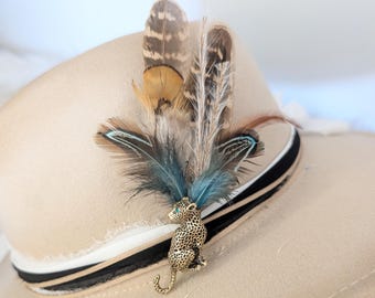Wild and Free Leopard Hat Pins with feathers. Hat Accessory/ Western wedding Boutonniere / Groomsmen Pin