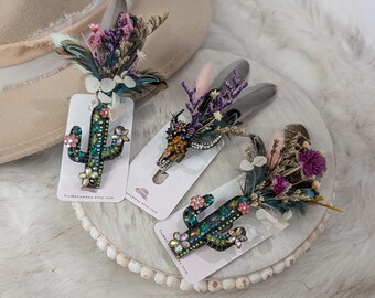 The wild desert bloom hat pin. Rhinestone cactus, feather and floral Hat Accessory/ Western wedding Boutonniere / Groomsmen Pin