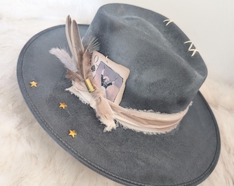 American Cowgirl Hand burned Vegan Suede Rancher Hat/ Country Concert Hat/ Patriotic Hat