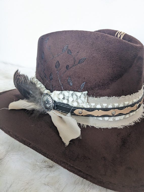 Brown Suede Hat with Lace and Feather Accent Burned Floral Fedora Hat: Brown Suede With Black Lace & Gold  main image 3