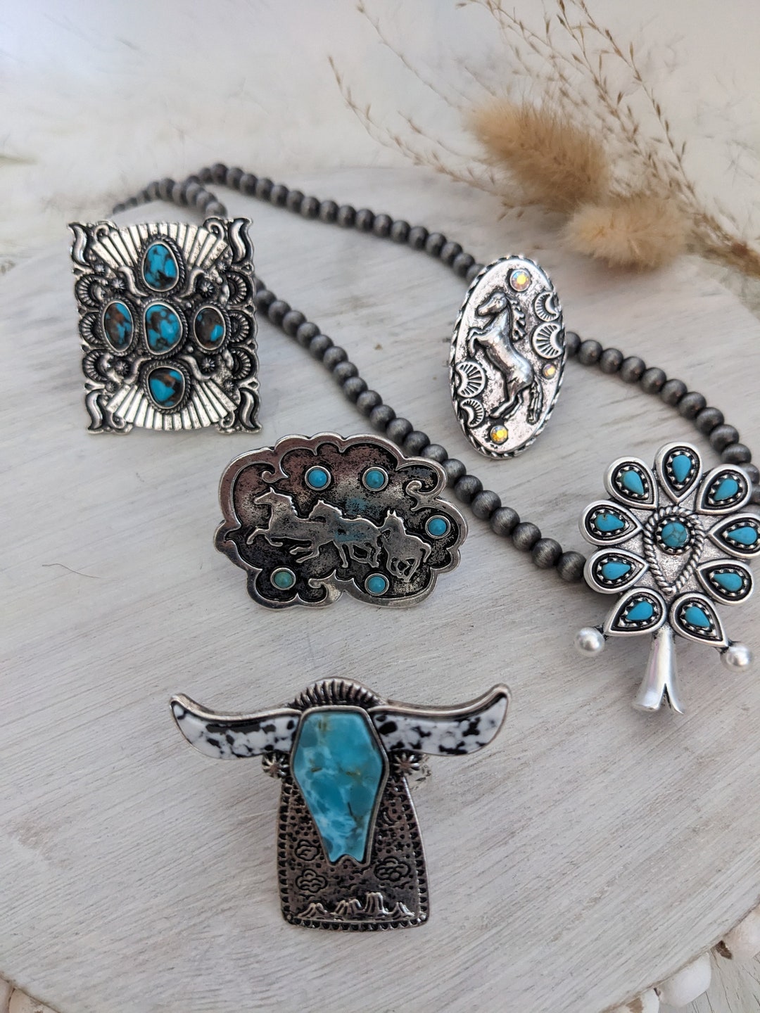 Western Cowboy Rings Squash Blossom Ring Steer and Turquoise Ring Wild ...