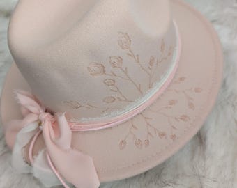 Kids Custom Cowgirl Wide Brim Fedora Hat with hand burned wild flowers / Western kids hat