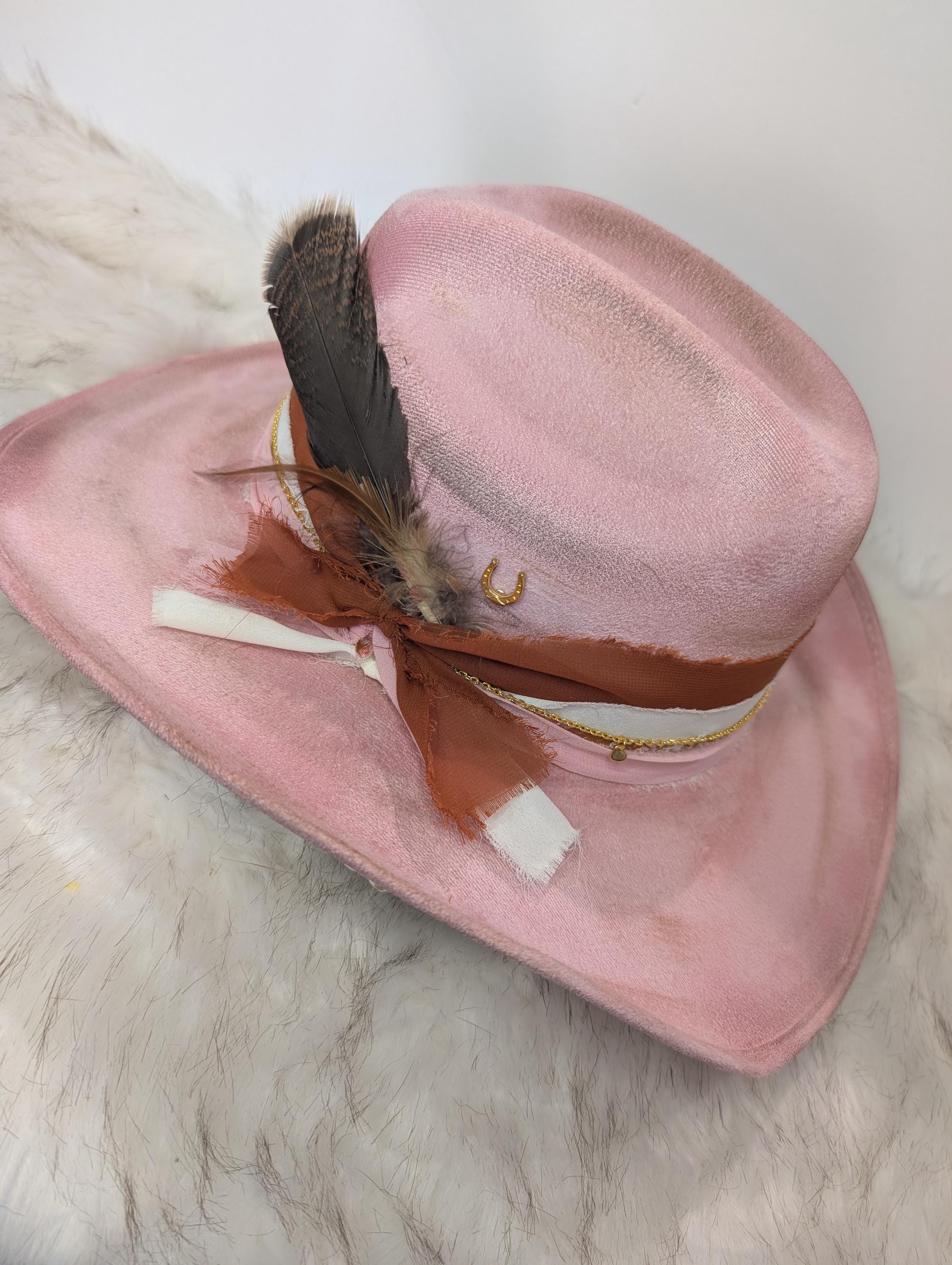 Fuschia Pink Suede Wide-Brim Rancher Fedora Hat Mexico Boho Rodeo Western Pretty Pink fuchsia revolver gun rose floral burned suede wide brim  main image 4