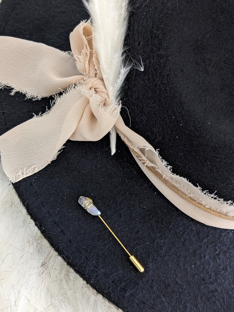 Custom Quartz Hat Band. Chiffon Ribbon, Suede Cord, Boho Feather and Quartz Pin. Add to your favorite Hat Hat Accessory/Hat Pin/Hat Tack image 8