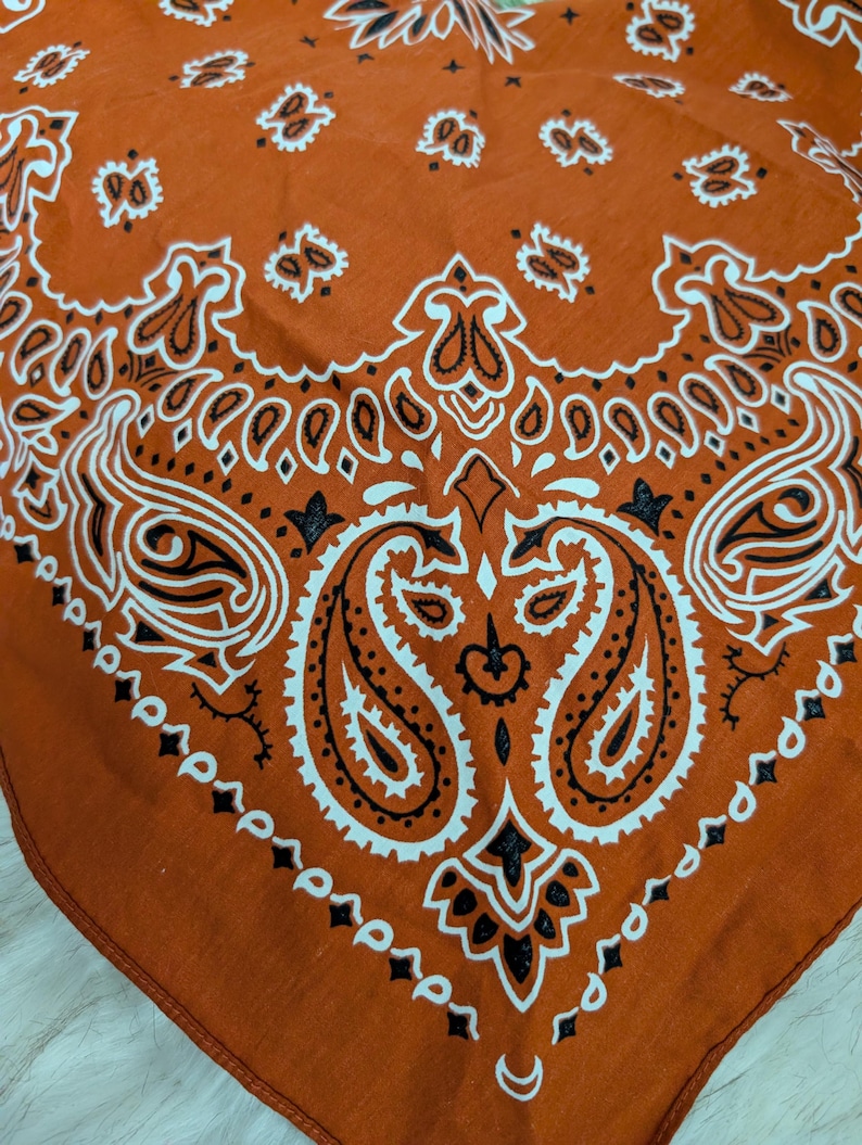 May include: A burnt orange bandana featuring a white and black paisley pattern. The fabric displays a repeating teardrop-shaped motif with intricate scrollwork and floral-inspired details arranged in a symmetrical layout across the square cloth.