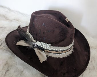 Cowgirl Hand burned Vegan Suede Rancher Hat/ Country Concert Hat