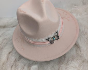 Kids Custom Cowgirl Wide Brim Fedora Hat with hand burned wild flowers / Western kids hat
