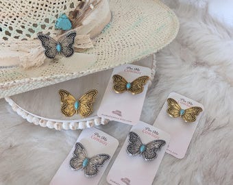 Butterfly Brooch Hat Pins with turquoise stone ! Update your favorite western hat. Pin to purse or scarf! Hat Accessory/Western Brooch