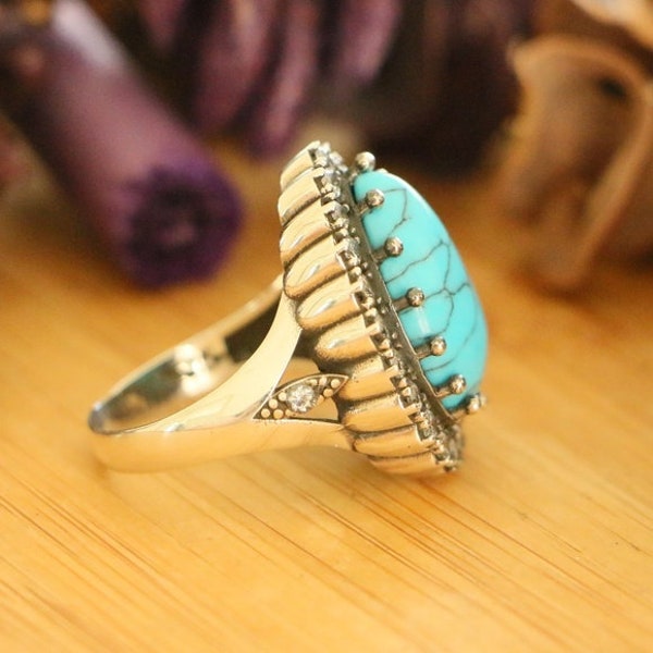 Hurrem Sultan, Turkish Jewlery, Handmade 925 Sterling Silver With Natural Turquoise Stone and white Cubic Zirconia