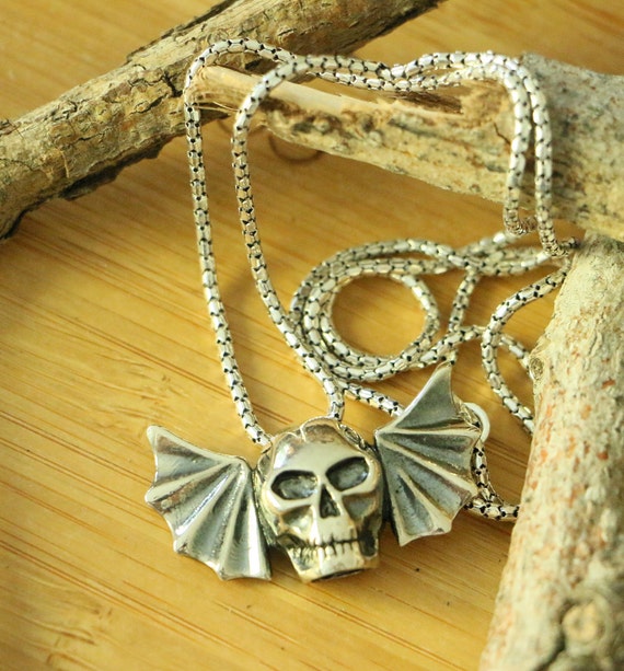 925 solid Sterling Silver Skeleton with Bat Wings pendant 