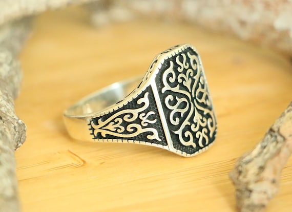 Handmade Oxidized 925 Sterling Silver Turkish Signet Men's Ring