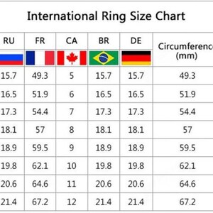 以下が含まれることがあります： 米国、英国、ロシア、フランス、カナダ、ブラジル、ドイツの国際的なリングサイズと、それに対応する円周と直径をミリメートルとインチで示した表です。