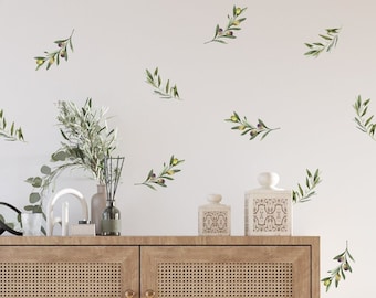 Botanical Olive Leaves and Branches Wall Decals  - Leaves Wall Decal, Watercolor Wall Decals, Hand Drawn Decals h155