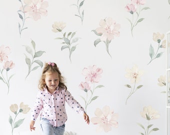 Flower Wall Decals  - Watercolor Flowers, Hand painted Flowers Decal, Hand drawn Flower Decal, Twigs Wall Decals, Nursery Decor h225