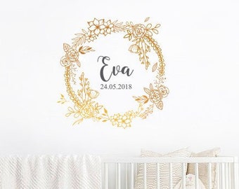Custom Name Wall Decals/ Gold Frame with Flowers Decals/ Flower Decals/ Nursery Stickers/ Girl Stickers/ Baby Decals / Floral Decals ga280