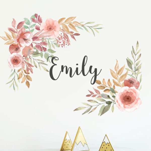 Custom Name Wall Decals/ Frame with Flowers Decals/ Watercolor Flower Decals/ Wreath Decal/ Nursery Sticker, Girl Sticker/ Baby Decal  ga304
