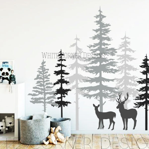 3 Color Pine Tree Forest Wall Decals - Tree Wall Decals, Forest Mural, Deer Decals, Large Wall Decals, Children's Forest Decals ga80