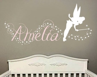 Custom Name Wall Decal, Tinkerbell Wall Decal, Peter Pan Wall Sticker, Disney Decal, Stars Decal, Personalized Decal, Gift for Her  rta1875