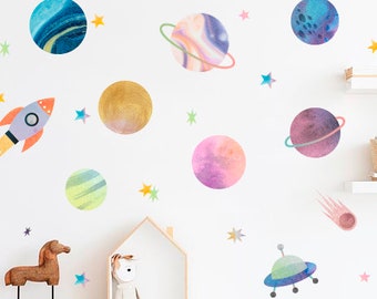 Planets Wall Decal - Watercolor Solar System , Calcomanías de guardería, Calcomanías de pared de planet, Decoración de pared de habitación para niños h101